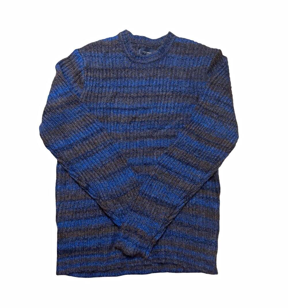 Lucky Brand Knit Crewneck Pullover Sweater Men’s M Blue Gray Striped